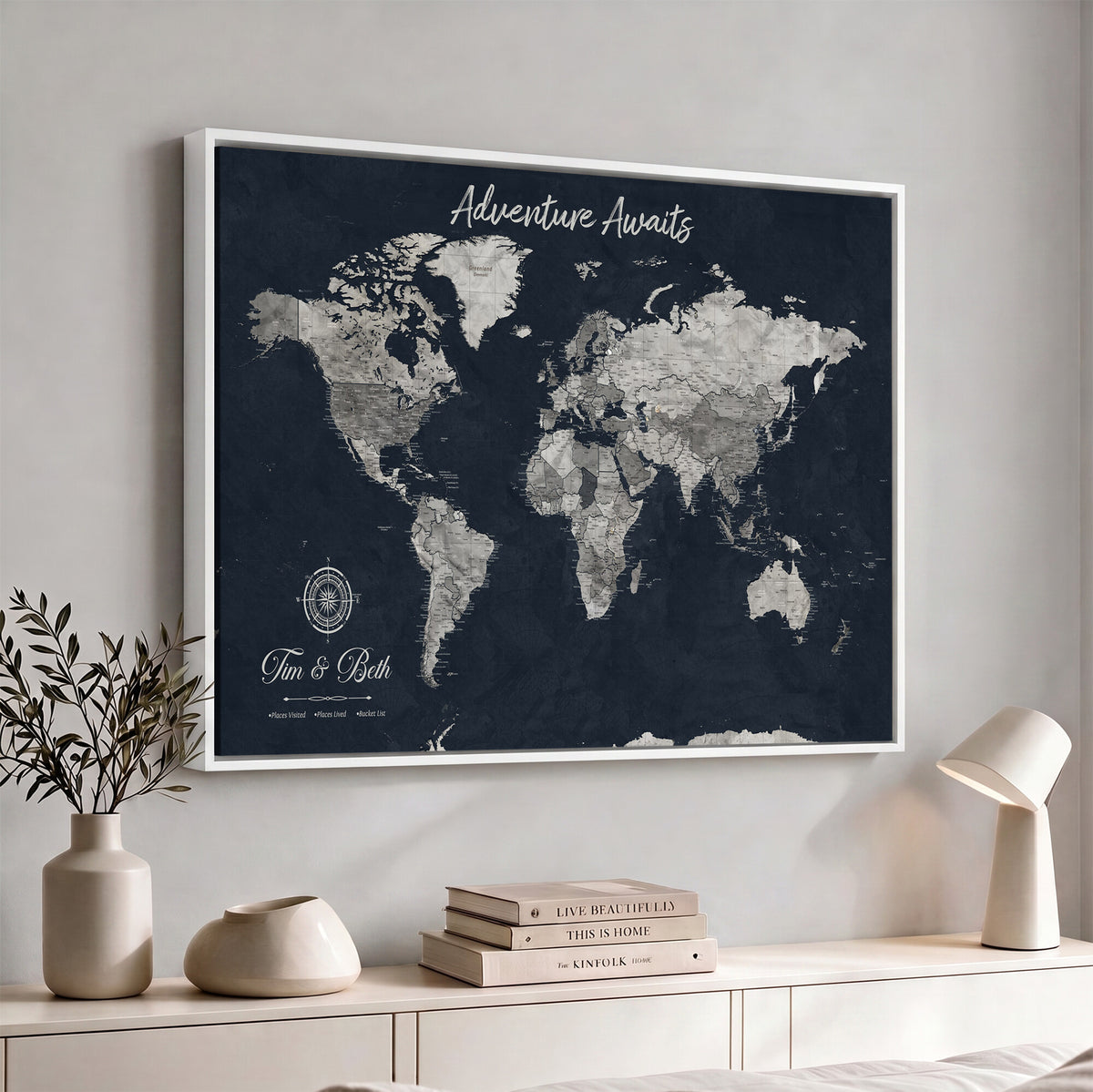 32031089-MGV-CV-36X24 - Custom Push Pin World Map Wall Art Canvas Print | Personalized Travel Tracker with Pins Framed Large for Home and Office Decor