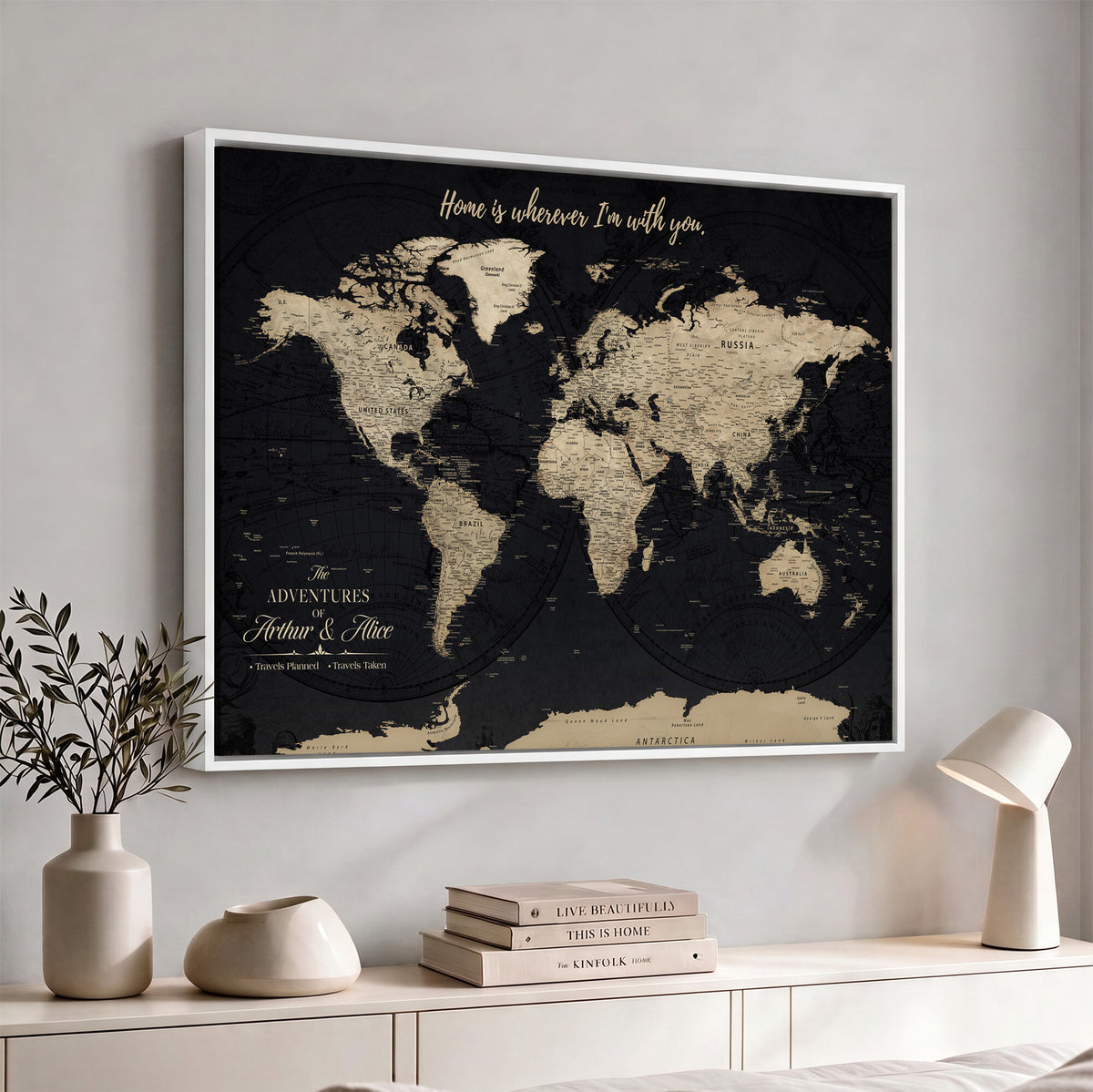 31416046-MGV-CV-36X24 - Custom Framed Beige Vintage Push Pin Travel Map Canvas Print, Honeymoon and Anniversary Gift, Study and Hallway Decor