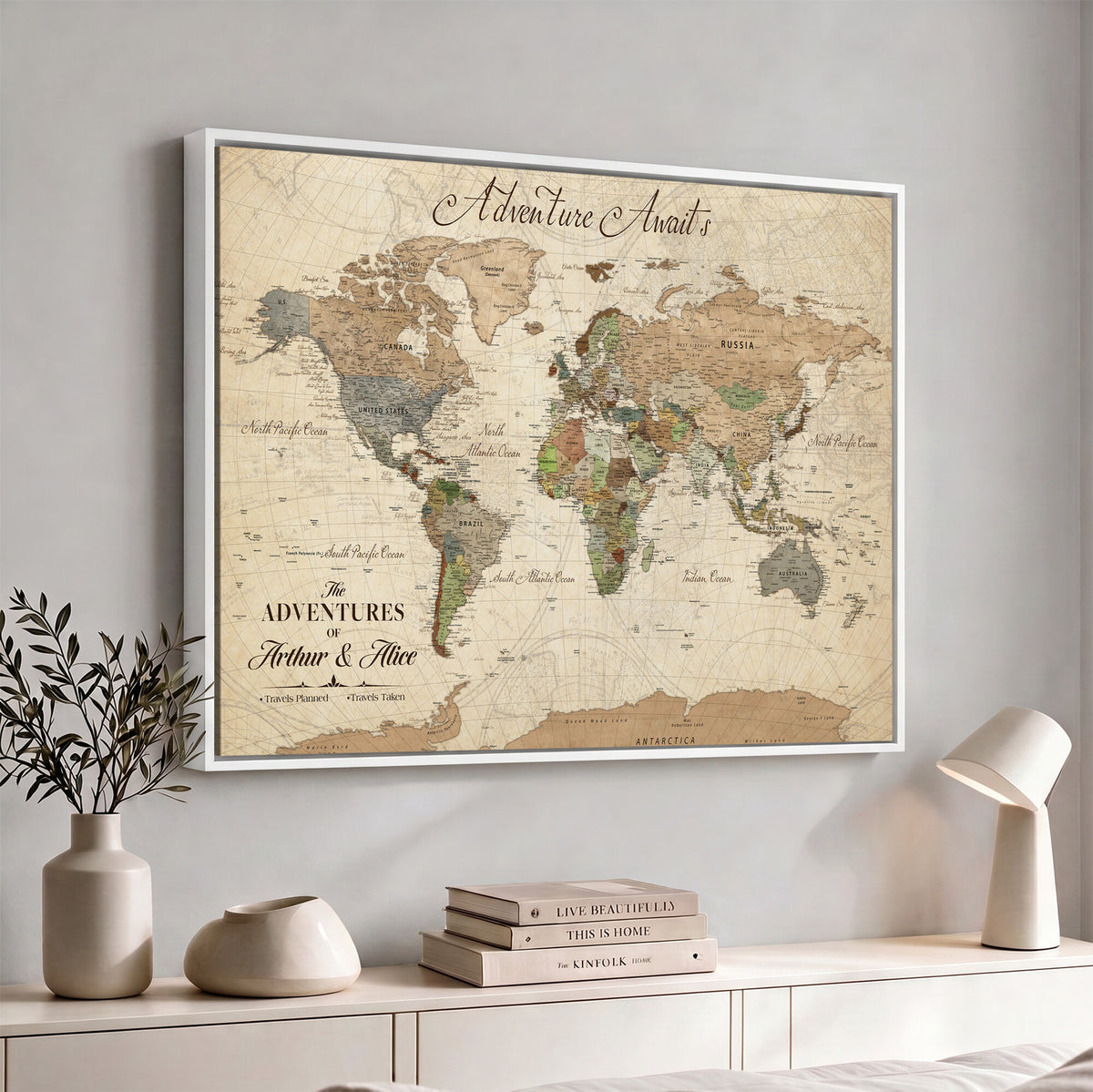 18308111-MGV-CV-36X24 - Custom Push Pin World Map Wall Art Canvas Print | Personalized Travel Tracker with Pins Framed Large for Home and Office Decor