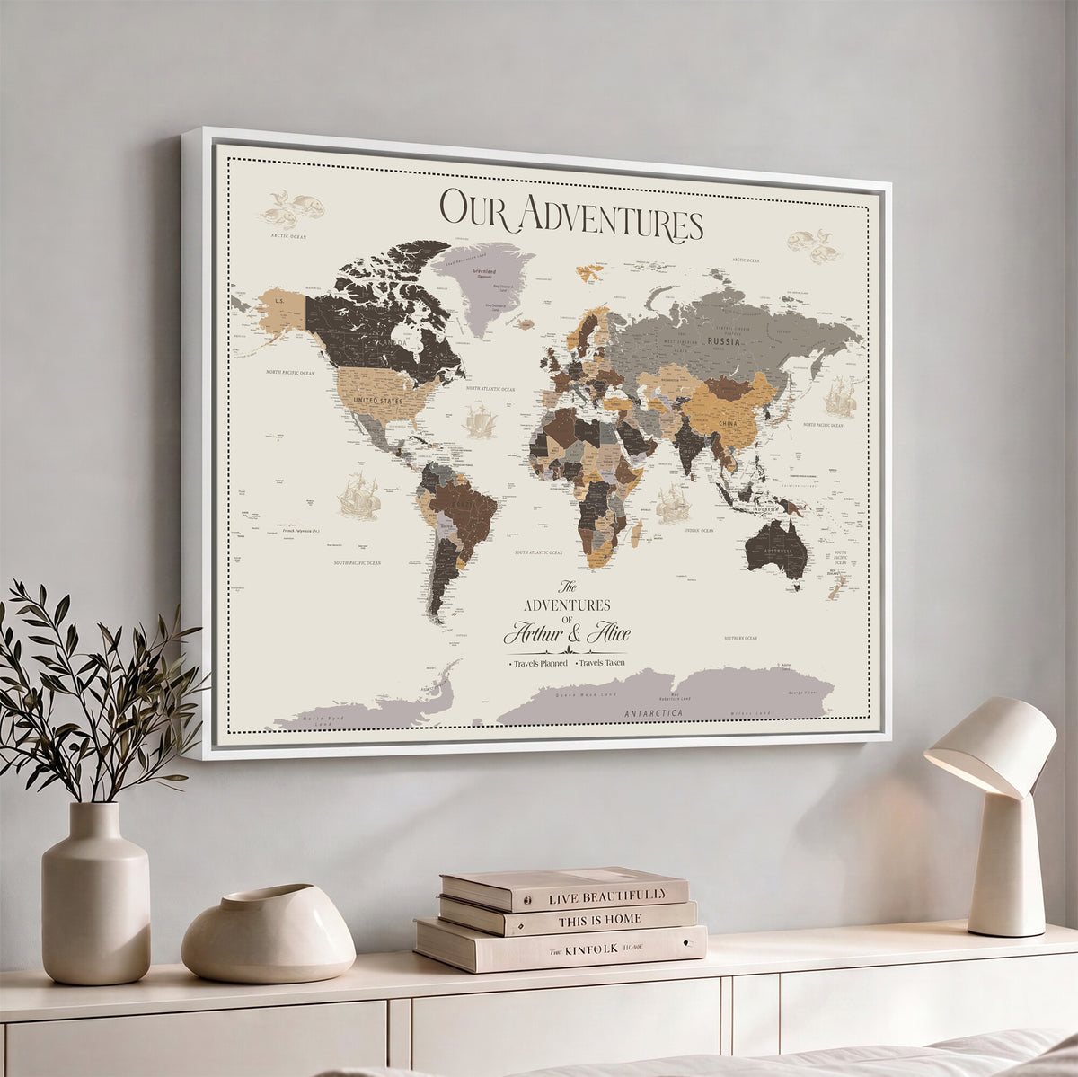 66301646-MGV-CV-36X24 - Custom Push Pin World Map Wall Art Canvas Print | Personalized Travel Tracker with Pins Framed Large for Home and Office Decor