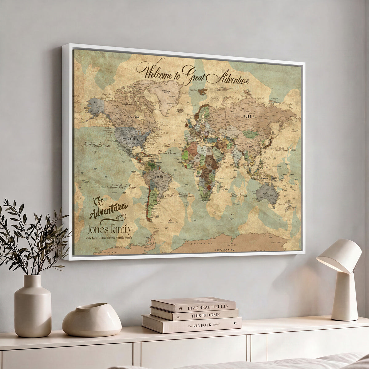 38092909-MGV-CV-36X24 - Personalized Framed Navy Vintage Push Pin World Map Wall Art, Places Visited Tracker, Bedroom and Hallway Decor
