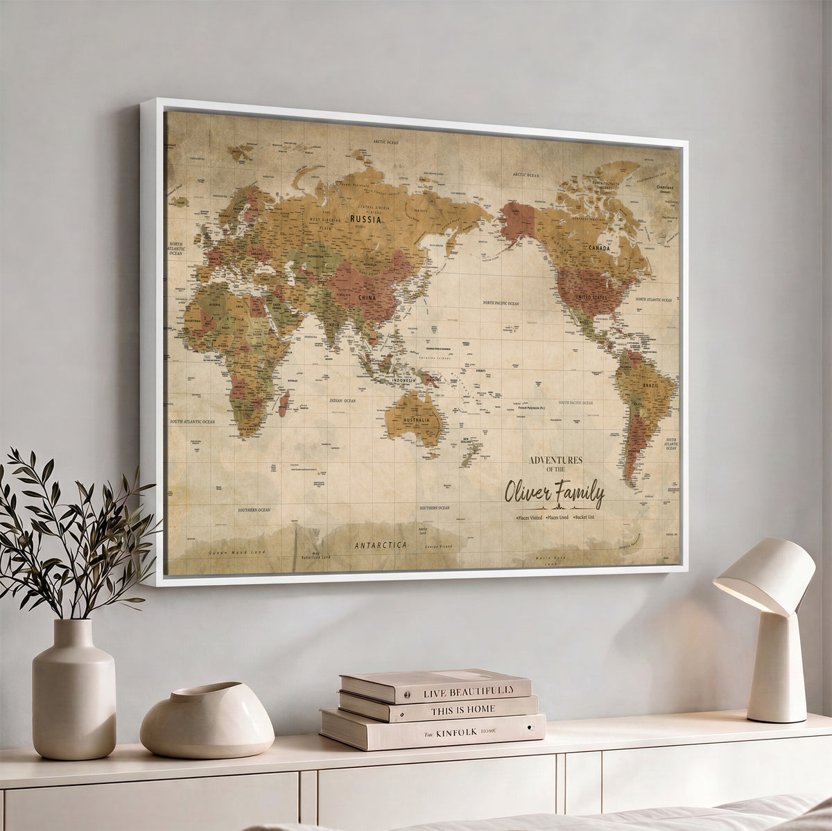 19347393-MGV-CV-36X24 - Personalized Framed Navy Modern World Map Canvas with Push Pins, Bucket List Map, Living Room and Entryway Decor