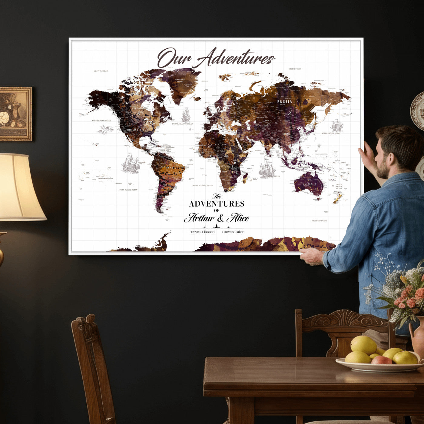 95729279-MGV-CV-36X24 - Custom Push Pin World Map Wall Art Canvas Print – Personalized Travel Tracker with Pins Framed Large for Home and Office Decor