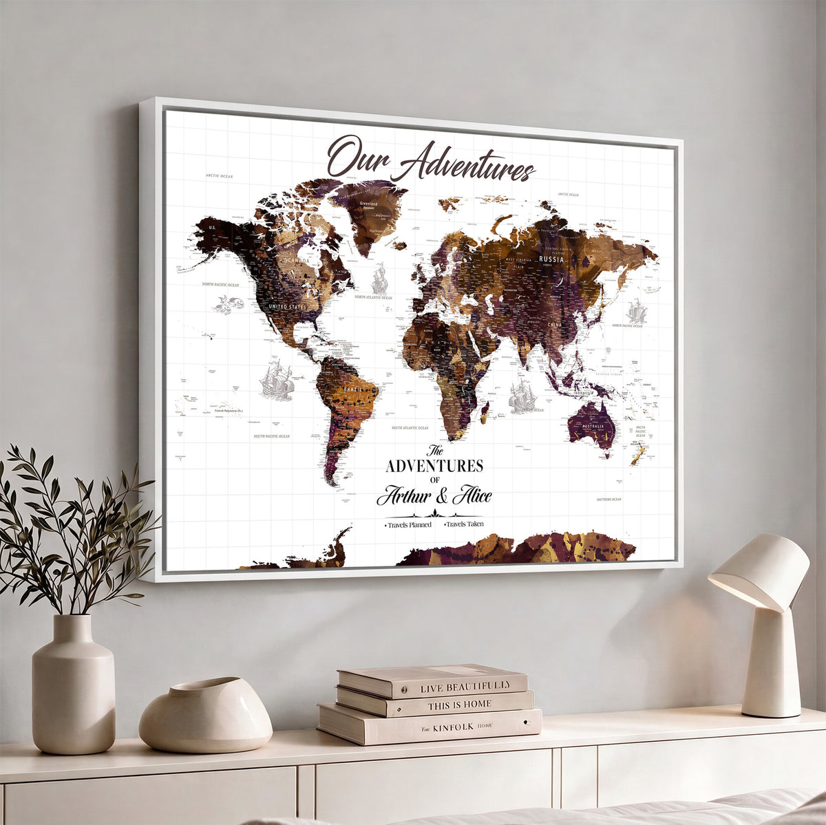 95729279-MGV-CV-36X24 - Personalized Framed Beige Vintage Push Pin Travel Map Canvas Print, Next Trip Planner Map, Home Office and Entryway Decor