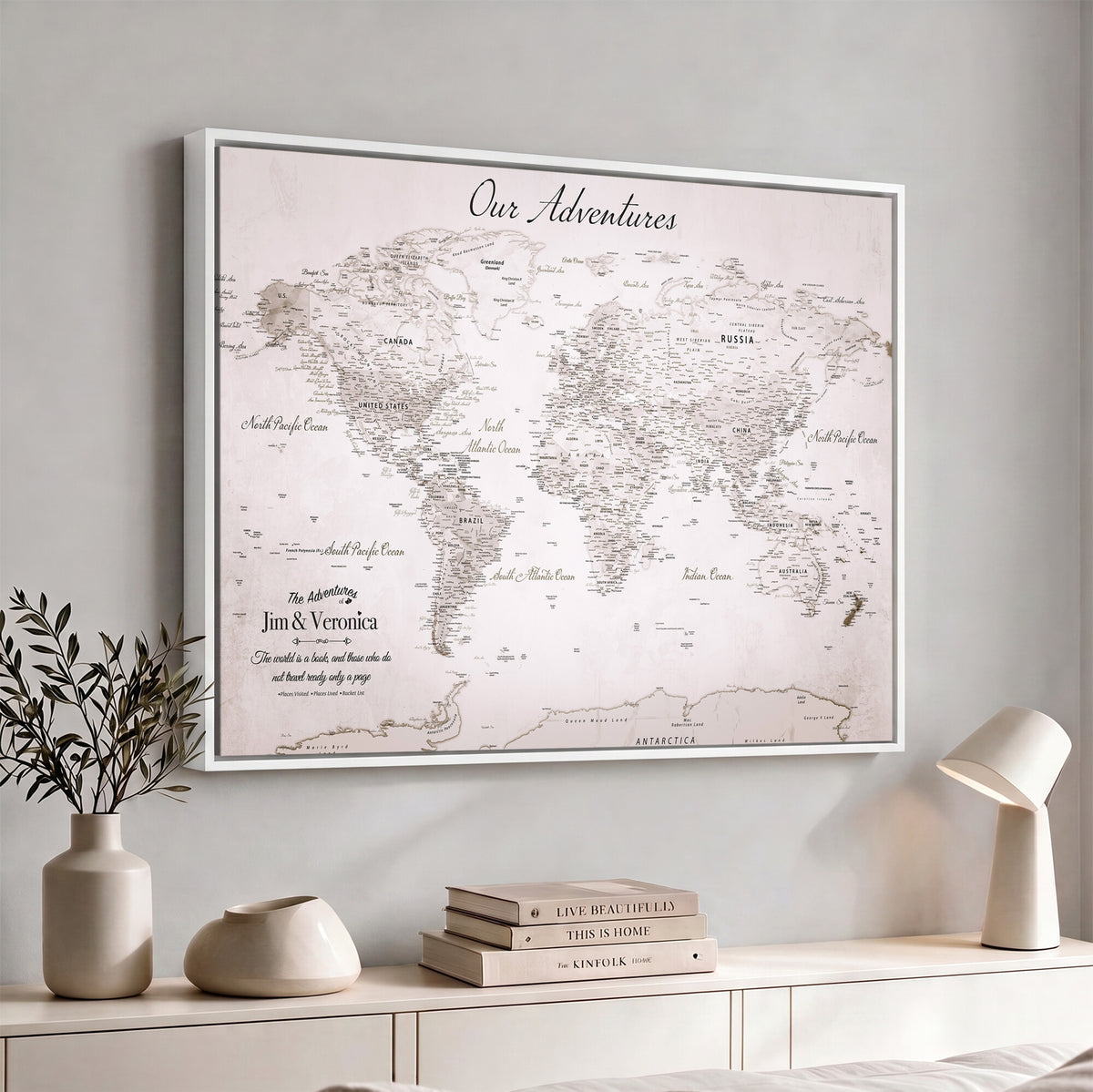 62392749-MGV-CV-36X24 - Personalized Beige Vintage World Travel Map Wall Art with Pins, Honeymoon and Anniversary Gift, Entryway and Hallway Decor