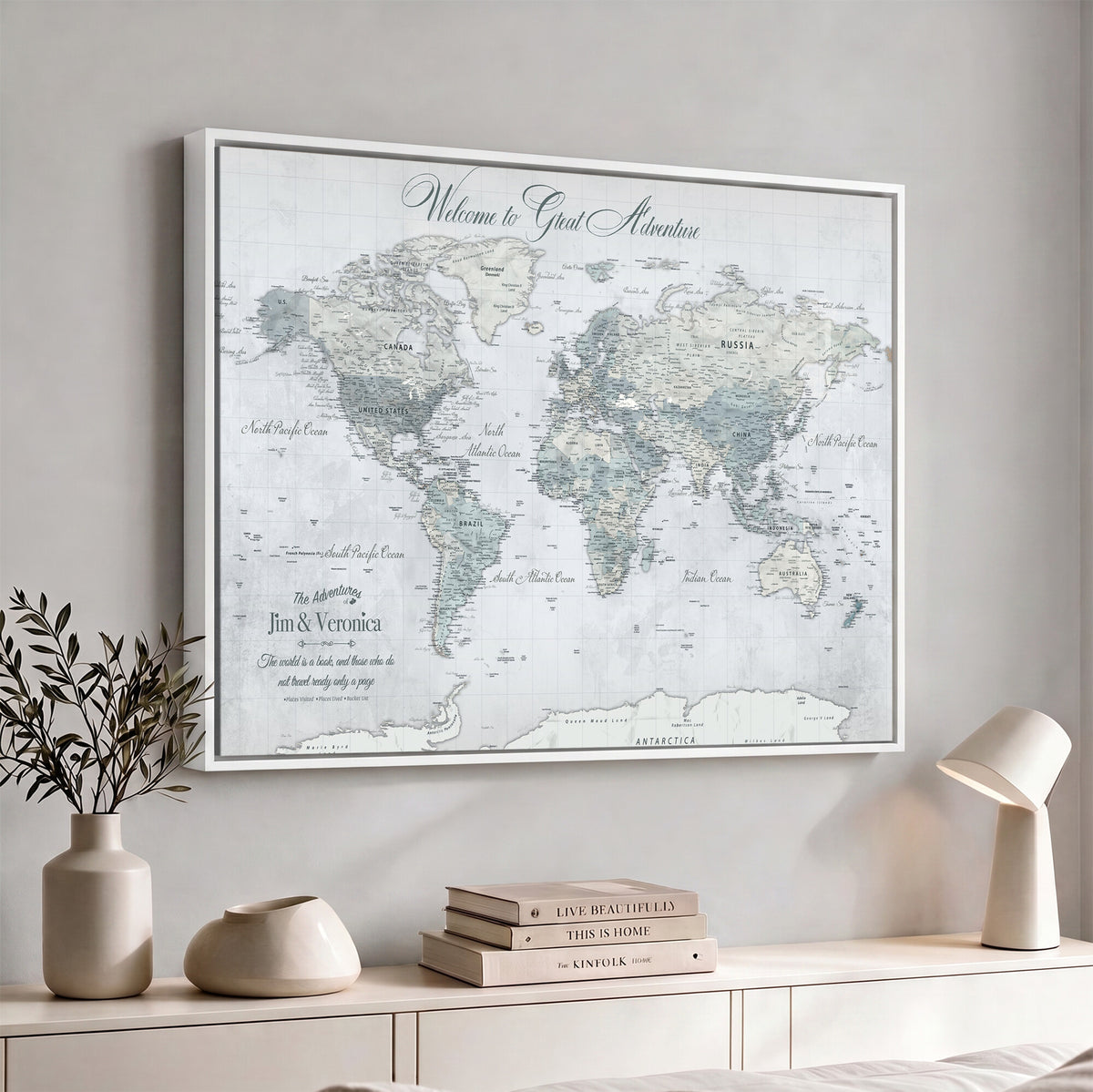 55391088-MGV-CV-36X24 - Personalized Beige Antique Push Pin World Map Canvas Print, Family Travel Tracker, Family Room and Entryway Decor