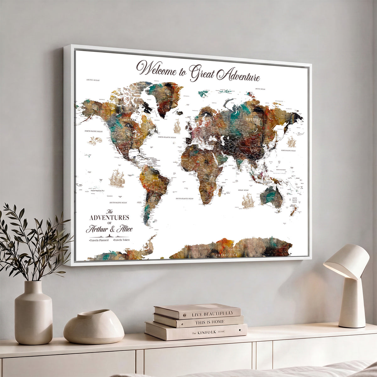 20271103-MGV-CV-36X24 - Custom Framed Beige Modern Push Pin World Map Wall Art, Couples Countries Visited Map, Study and Entryway Decor