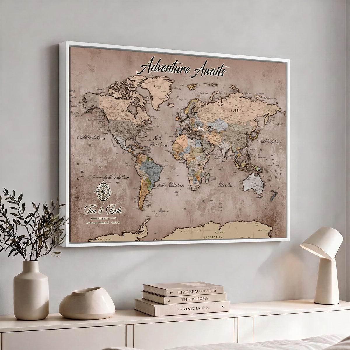 30508877-MGV-CV-36X24 - Custom Push Pin World Map Wall Art Canvas Print | Personalized Travel Tracker