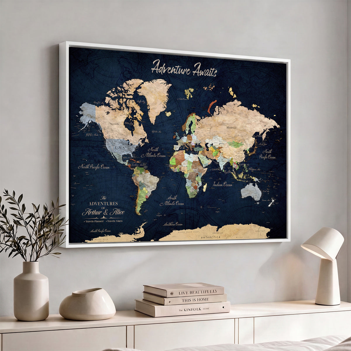 39120422-MGV-CV-36X24 - Personalized Beige Antique Push Pin Travel Map Canvas Print, Bucket List Map, Dining Room and Entryway Decor