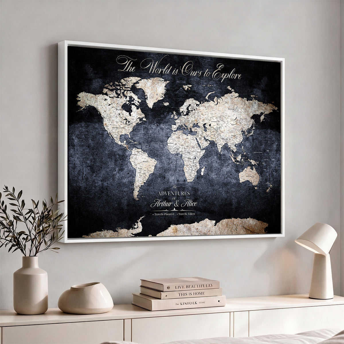 78489746-MGV-CV-36X24 - Custom Push Pin World Map Wall Art Canvas Print | Personalized Travel Tracker with Pins Framed Large for Home and Office Decor