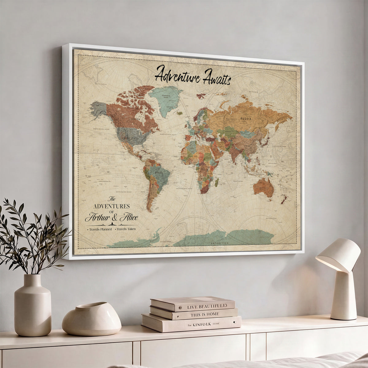 10741176-MGV-CV-36X24 - Custom Push Pin World Map Wall Art Canvas Print | Personalized Travel Tracker with Pins Framed Large for Home and Office Decor
