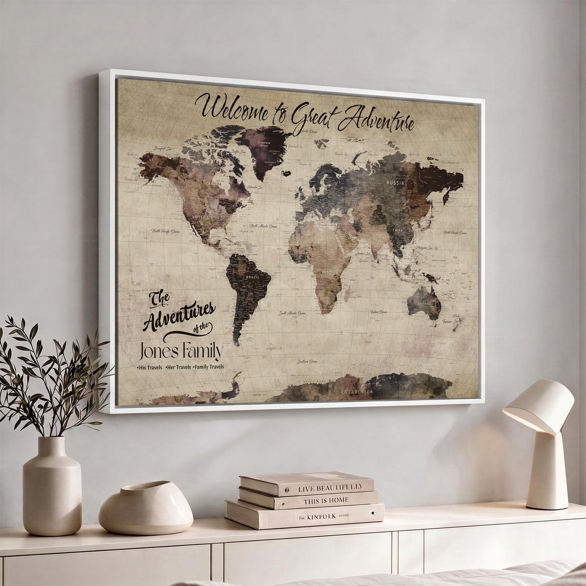 25688366-MGV-CV-36X24 - Custom Push Pin World Map Wall Art Canvas Print | Personalized Travel Tracker with Pins Framed Large for Home and Office Decor