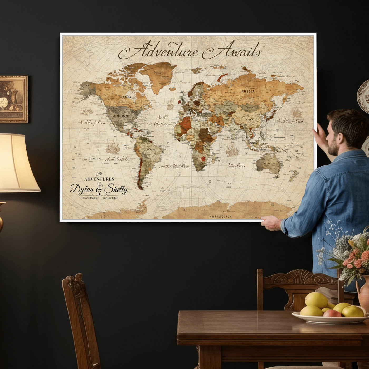 96009630-MGV-CV-36X24 - Custom Push Pin World Map Wall Art Canvas Print – Personalized Travel Tracker with Pins Framed Large for Home and Office Decor