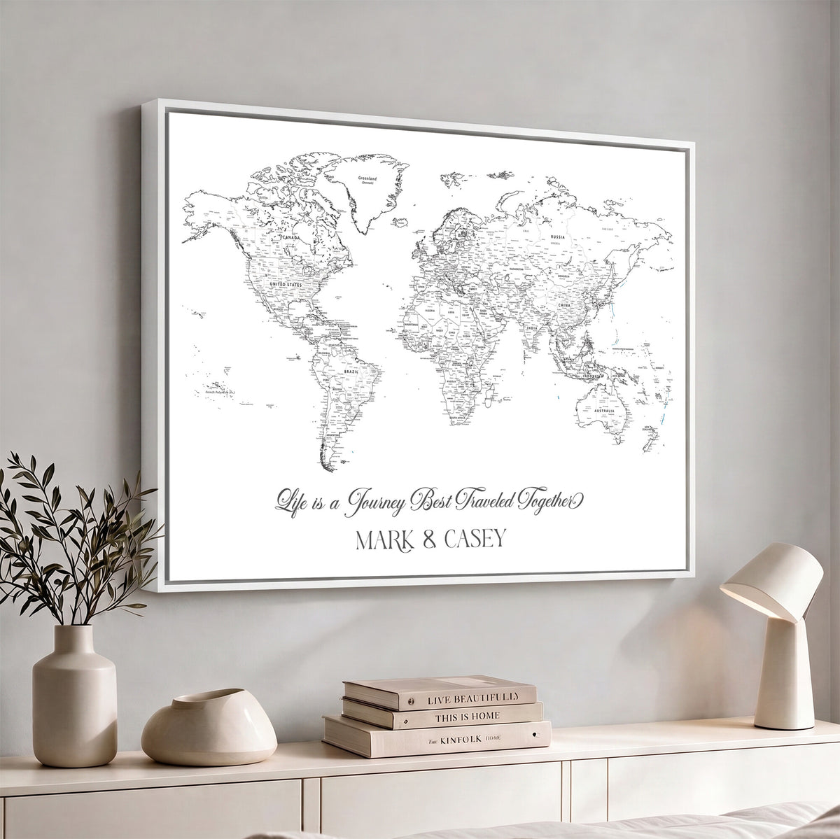 57820424-MGV-CV-36X24 - Custom Push Pin World Map Wall Art Canvas Print – Personalized Travel Tracker with Pins Framed Large for Home and Office Decor