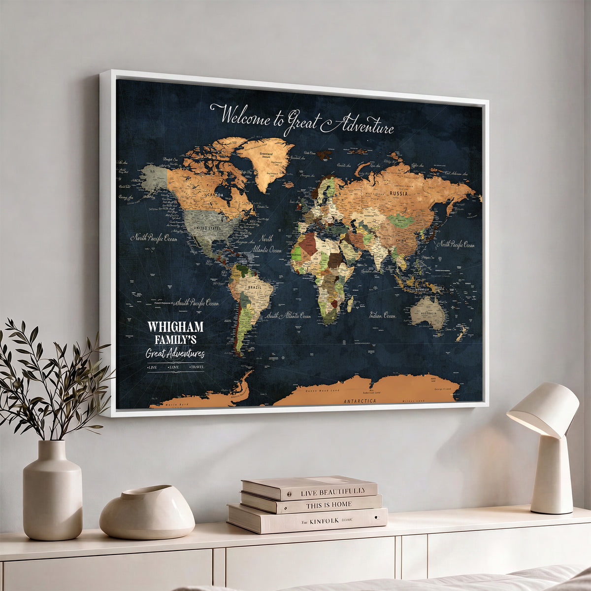 66788995-MGV-CV-36X24 - Custom Push Pin World Map Wall Art Canvas Print | Personalized Travel Tracker with Pins Framed Large for Home and Office Decor