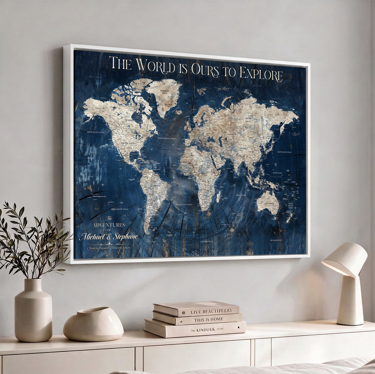 76965912-MGV-CV-36X24 - Custom Push Pin World Map Wall Art Canvas Print – Personalized Travel Tracker with Pins Framed Large for Home and Office Decor