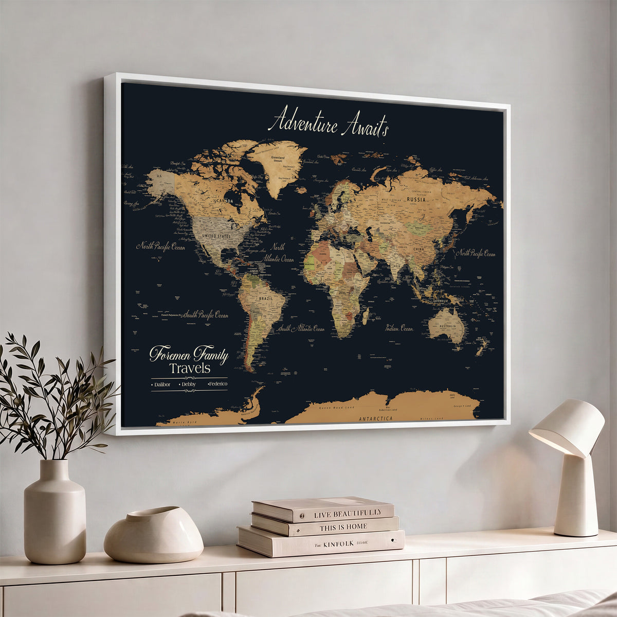 31781393-MGV-CV-36X24 - Custom Push Pin World Map Wall Art Canvas Print | Personalized Travel Tracker with Pins Framed Large for Home Decor