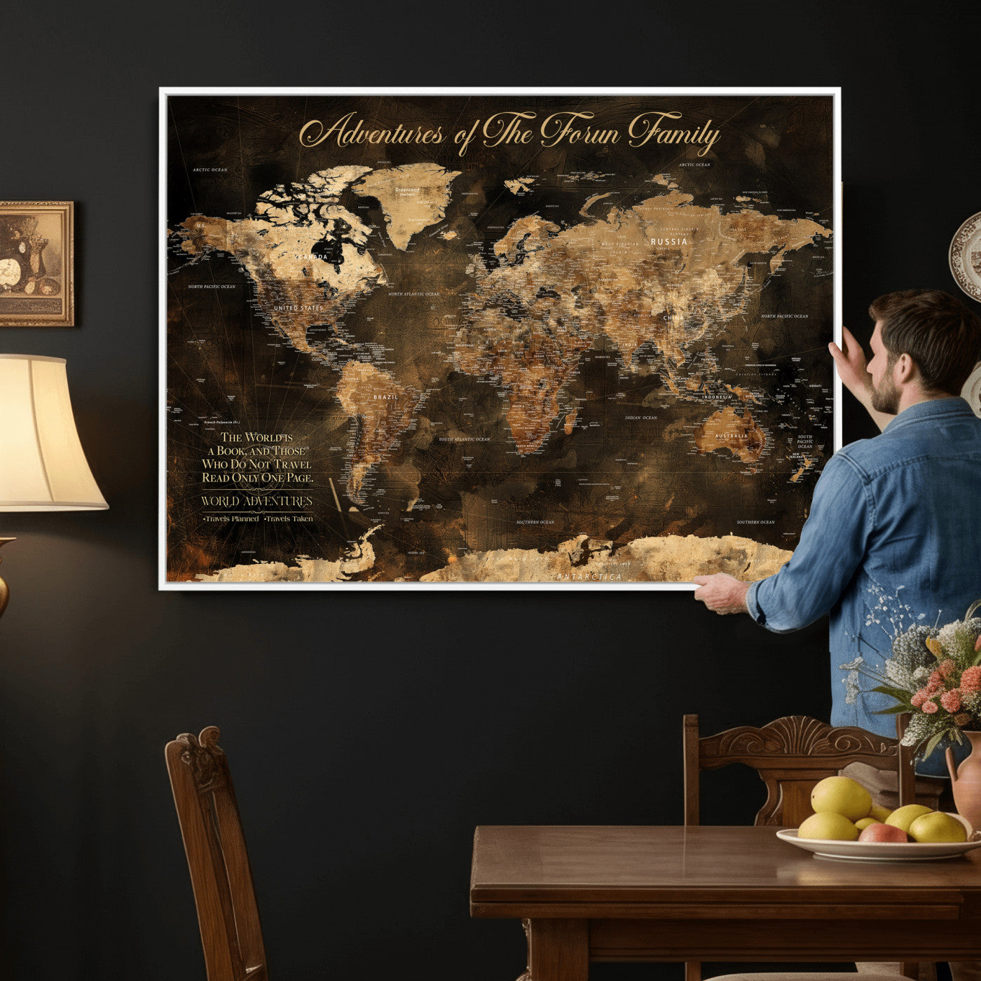 20594960-MGV-CV-36X24 - Custom Push Pin World Map Wall Art Canvas Print – Personalized Travel Tracker with Pins Framed Large for Home and Office Decor
