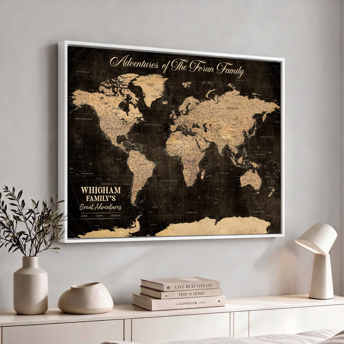 69635819-MGV-CV-36X24 - Custom Push Pin World Map Wall Art Canvas Print | Personalized Travel Tracker with Pins Framed Large for Home and Office Decor