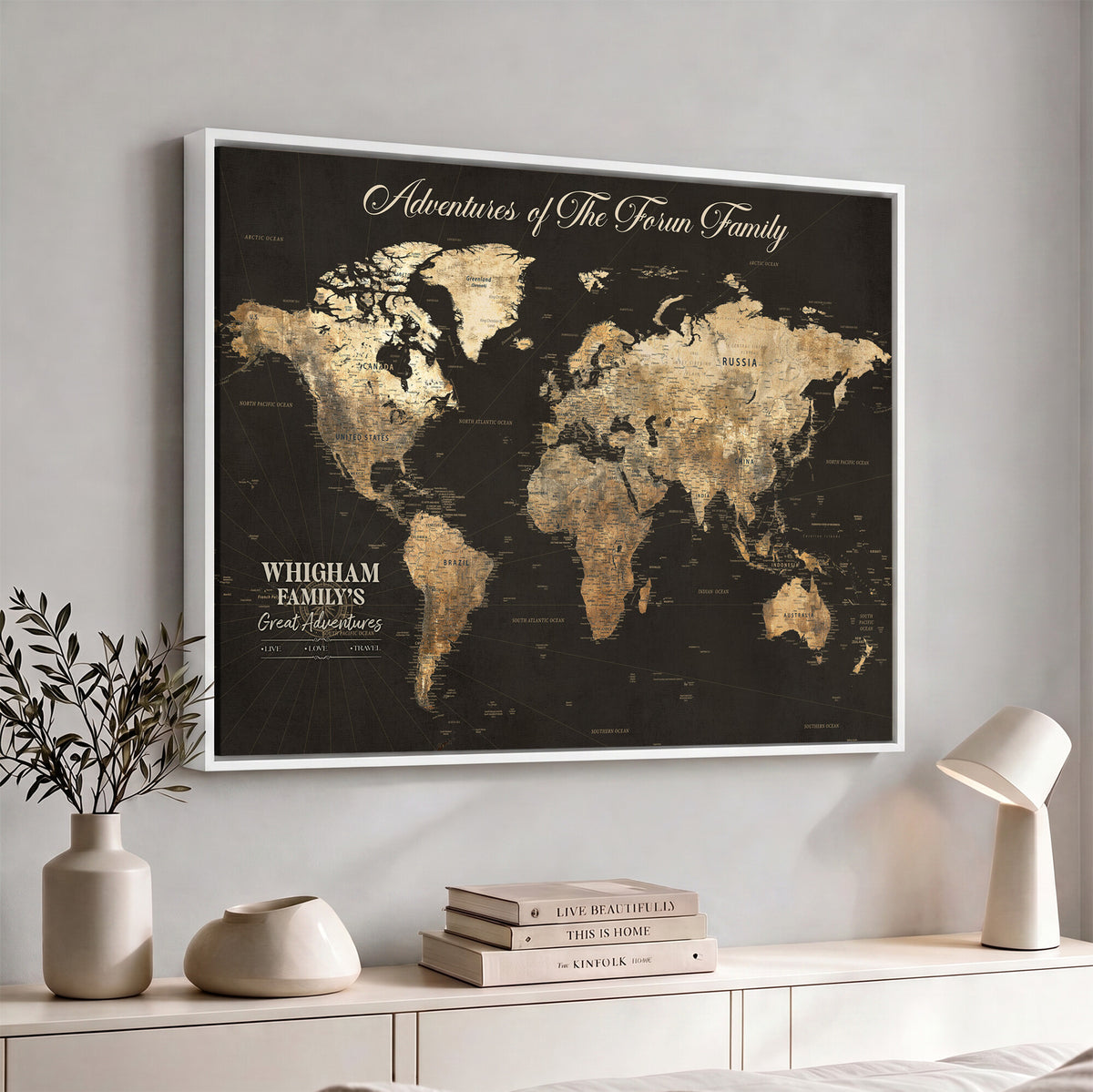 80238567-MGV-CV-36X24 - Custom Push Pin World Map Wall Art Canvas Print | Personalized Travel Tracker with Pins Framed Large for Home and Office Decor