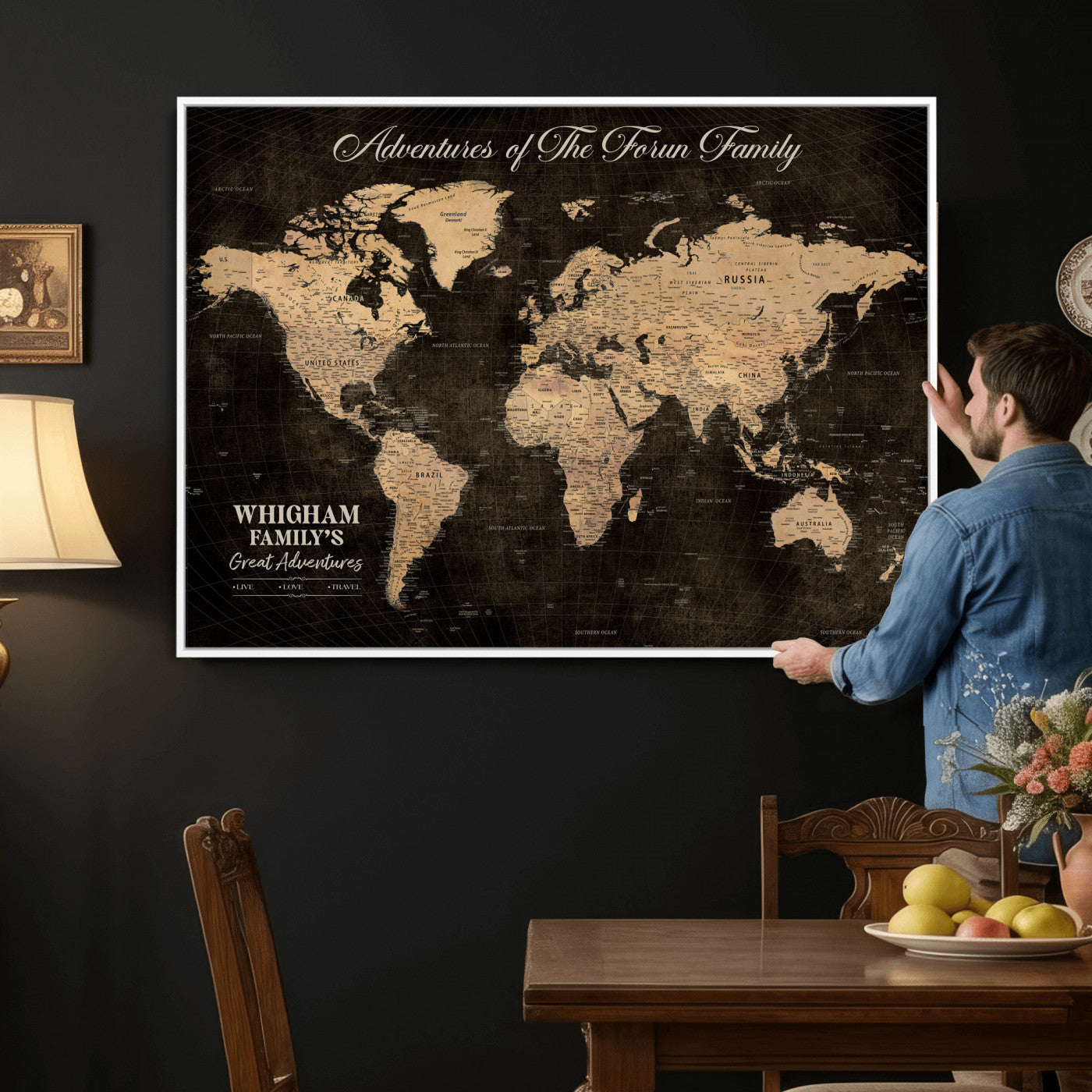68639184-MGV-CV-36X24 - Custom Push Pin World Map Wall Art Canvas Print – Personalized Travel Tracker with Pins Framed Large for Home and Office Decor