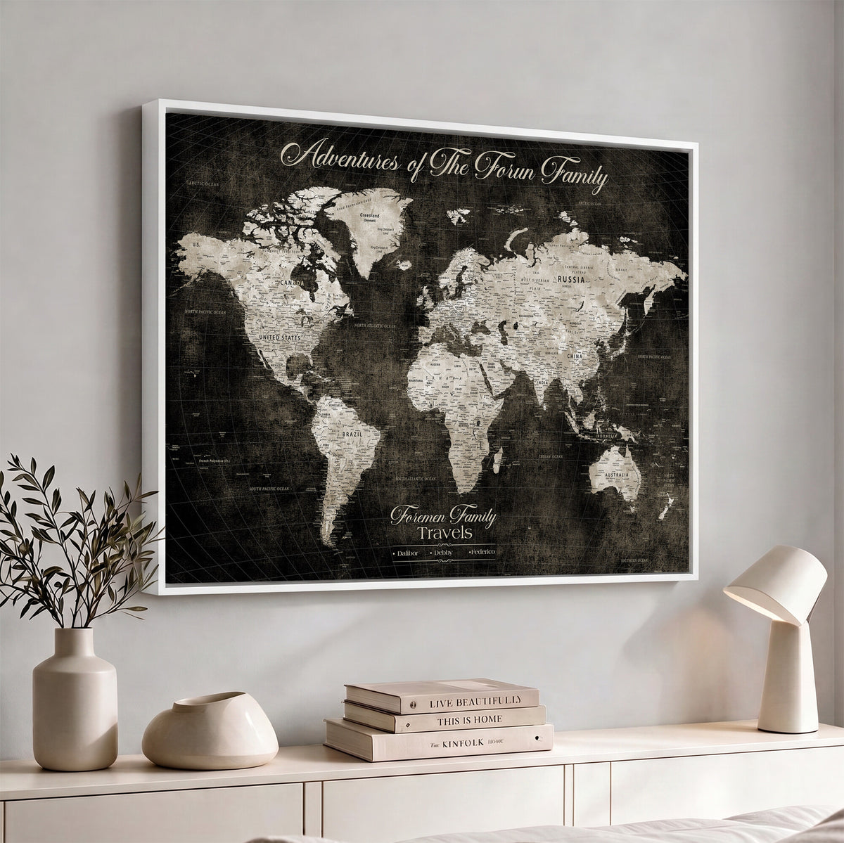 73767525-MGV-CV-36X24 - Custom Push Pin World Map Wall Art Canvas Print | Personalized Travel Tracker with Pins Framed Large for Home and Office Decor