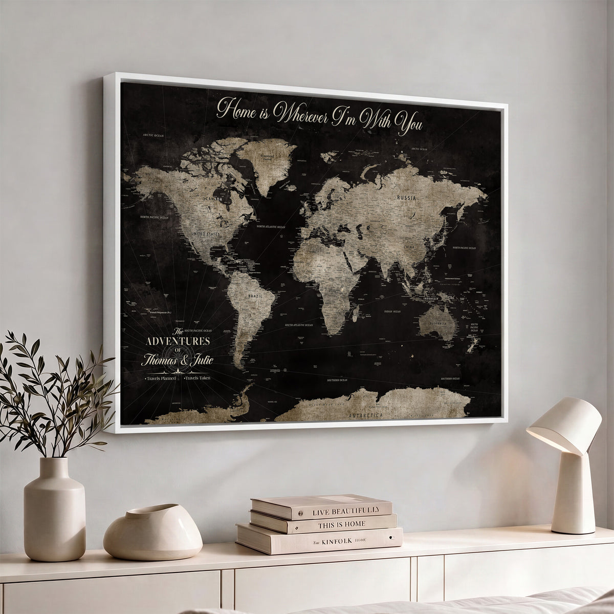 28461537-MGV-CV-36X24 - Personalized Framed Black Geometric World Map Canvas with Push Pins, Bucket List Map, Living Room and Dining Room Decor