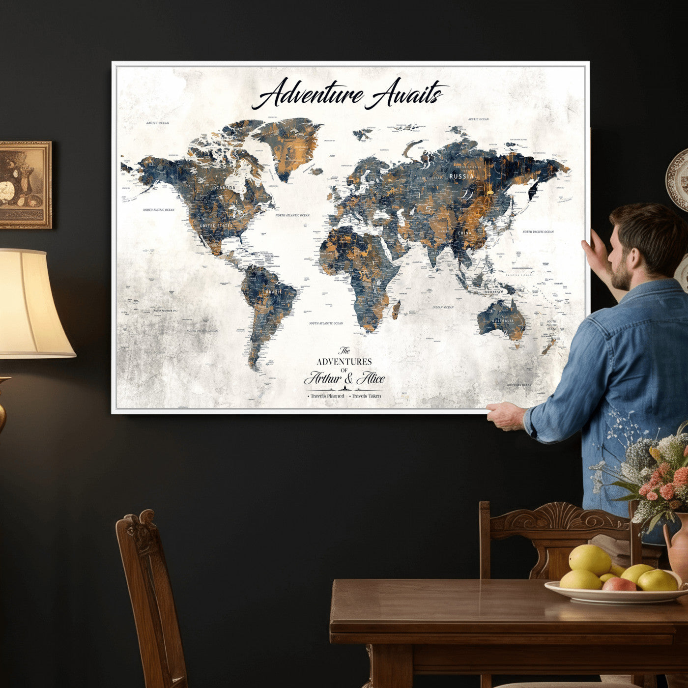 26041262-MGV-CV-36X24 - Custom Push Pin World Map Wall Art Canvas Print – Personalized Travel Tracker with Pins Framed Large for Home and Office Decor