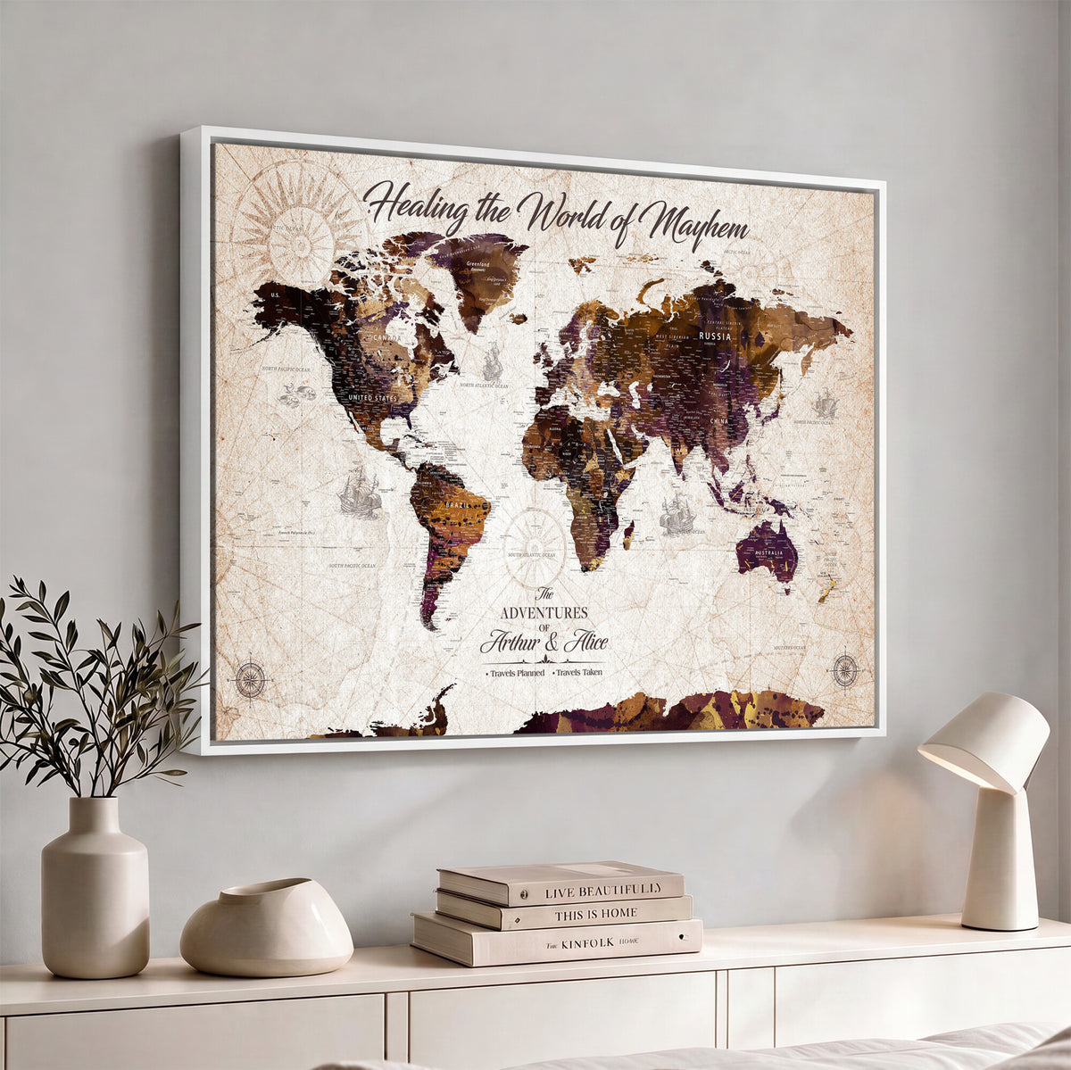20154714-MGV-CV-36X24 - Custom Push Pin World Map Wall Art Canvas Print | Personalized Travel Tracker with Pins Framed Large for Home and Office Decor