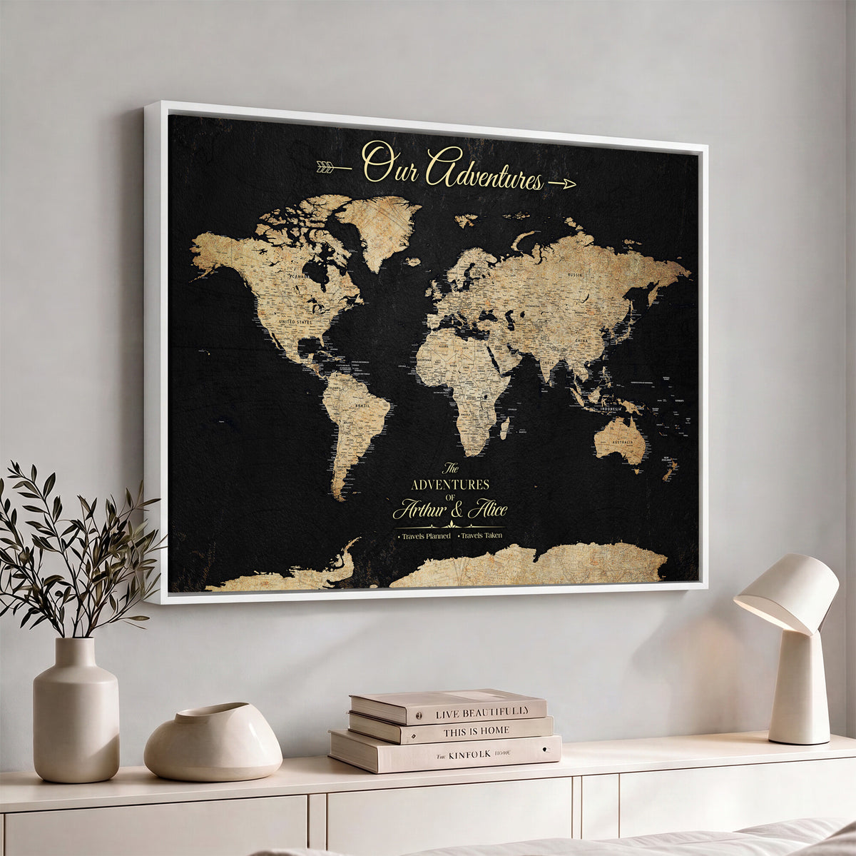 54638998-MGV-CV-36X24 - Custom Push Pin World Map Wall Art Canvas Print | Personalized Travel Tracker with Pins Framed Large for Home and Office Decor