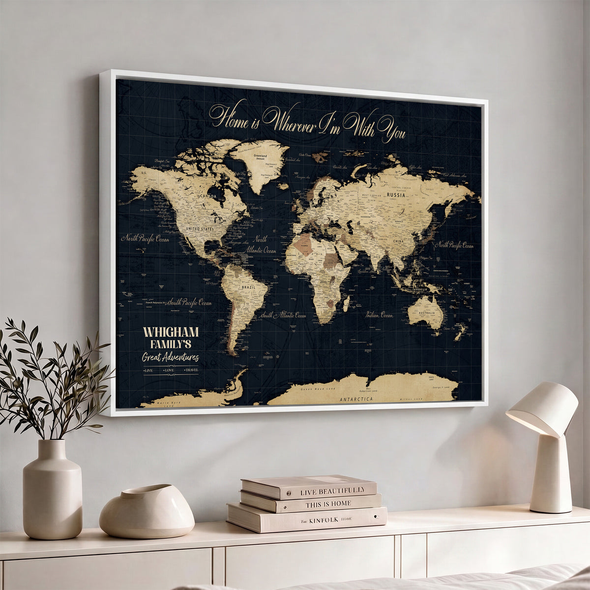 86888698-MGV-CV-36X24 - Custom Push Pin World Map Wall Art Canvas Print | Personalized Travel Tracker with Pins Framed Large for Home and Office Decor