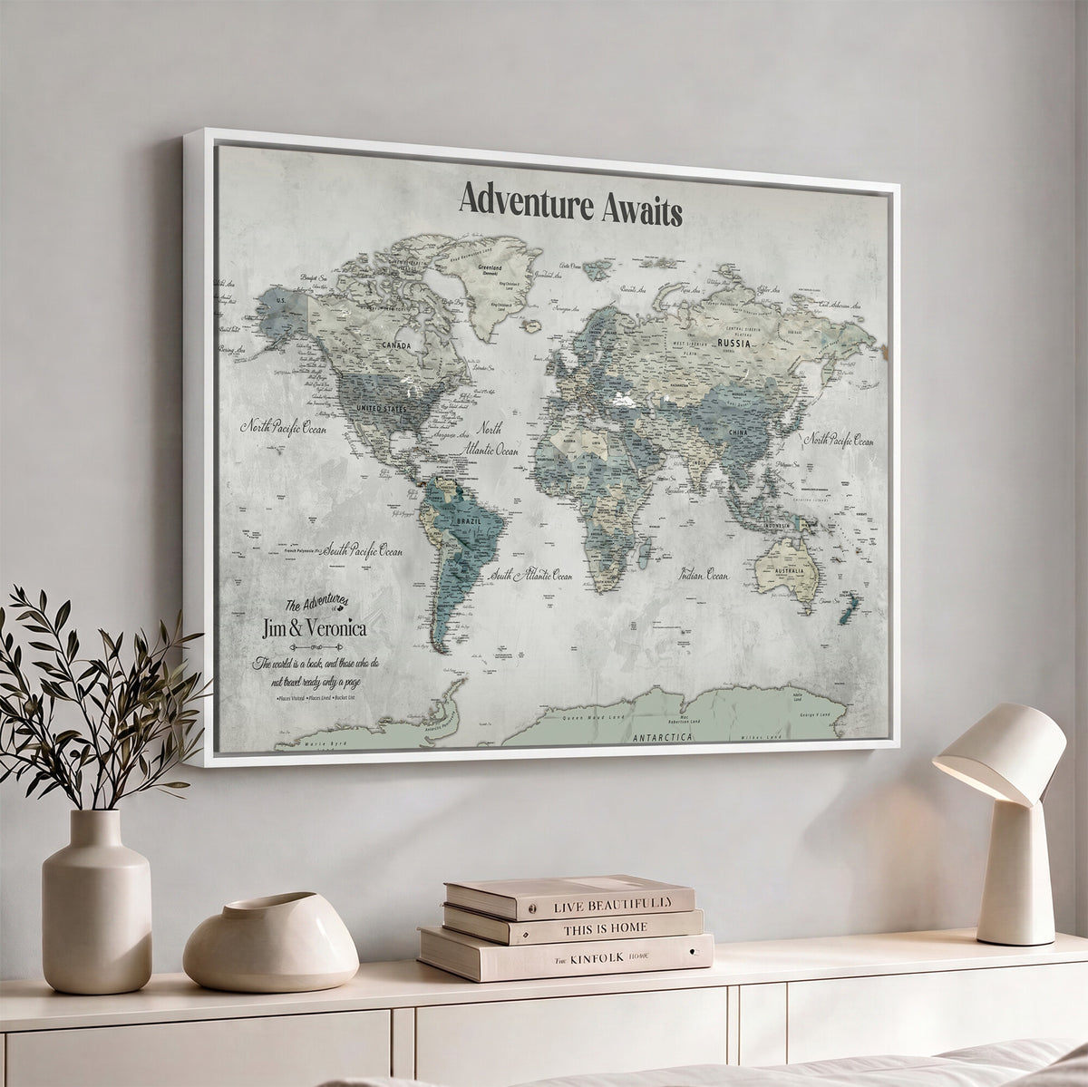 11945570-MGV-CV-36X24 - Custom Push Pin World Map Wall Art Canvas Print | Personalized Travel Tracker with Pins Framed Large for Home and Office Decor