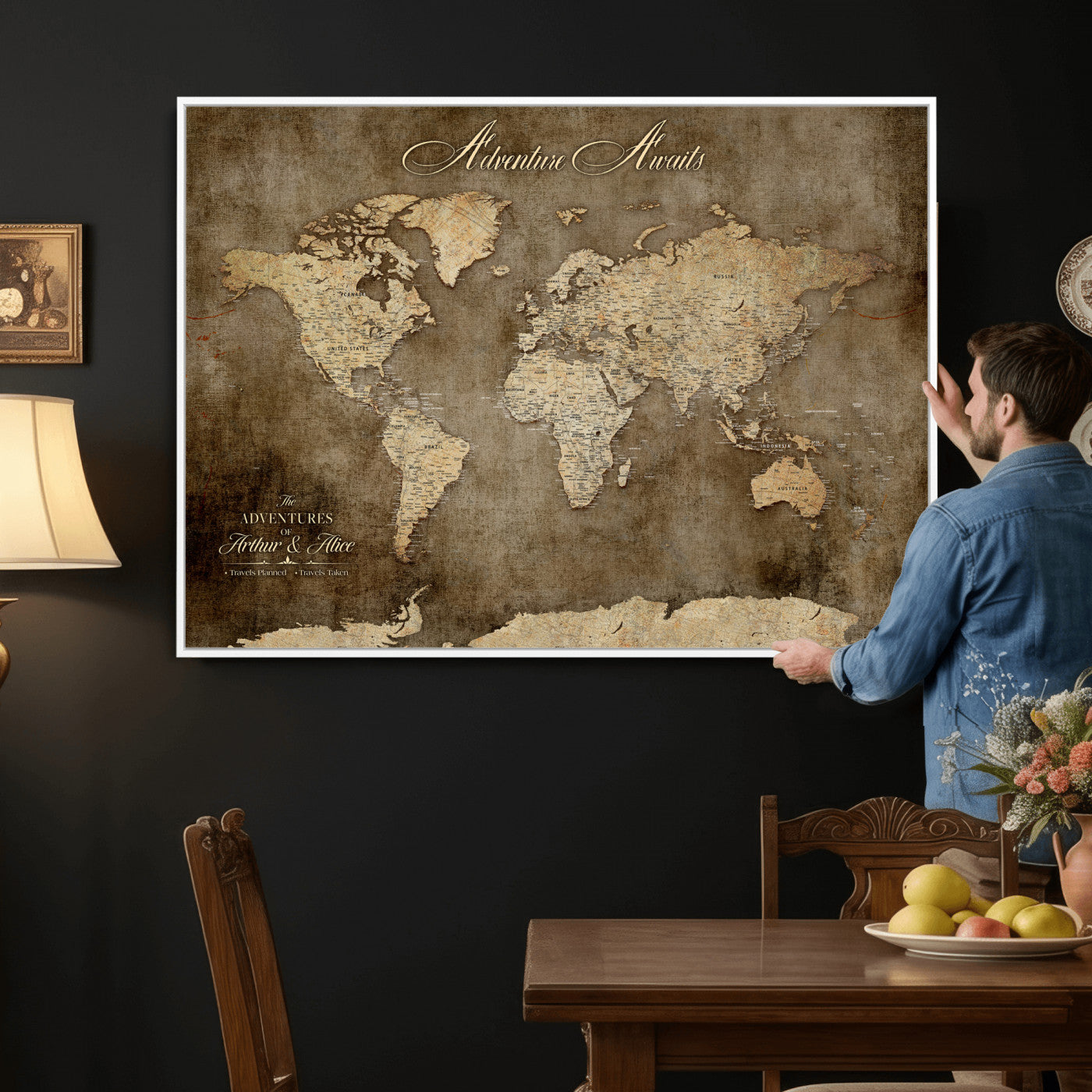 61836190-MGV-CV-36X24 - Custom Push Pin World Map Wall Art Canvas Print – Personalized Travel Tracker with Pins Framed Large for Home and Office Decor