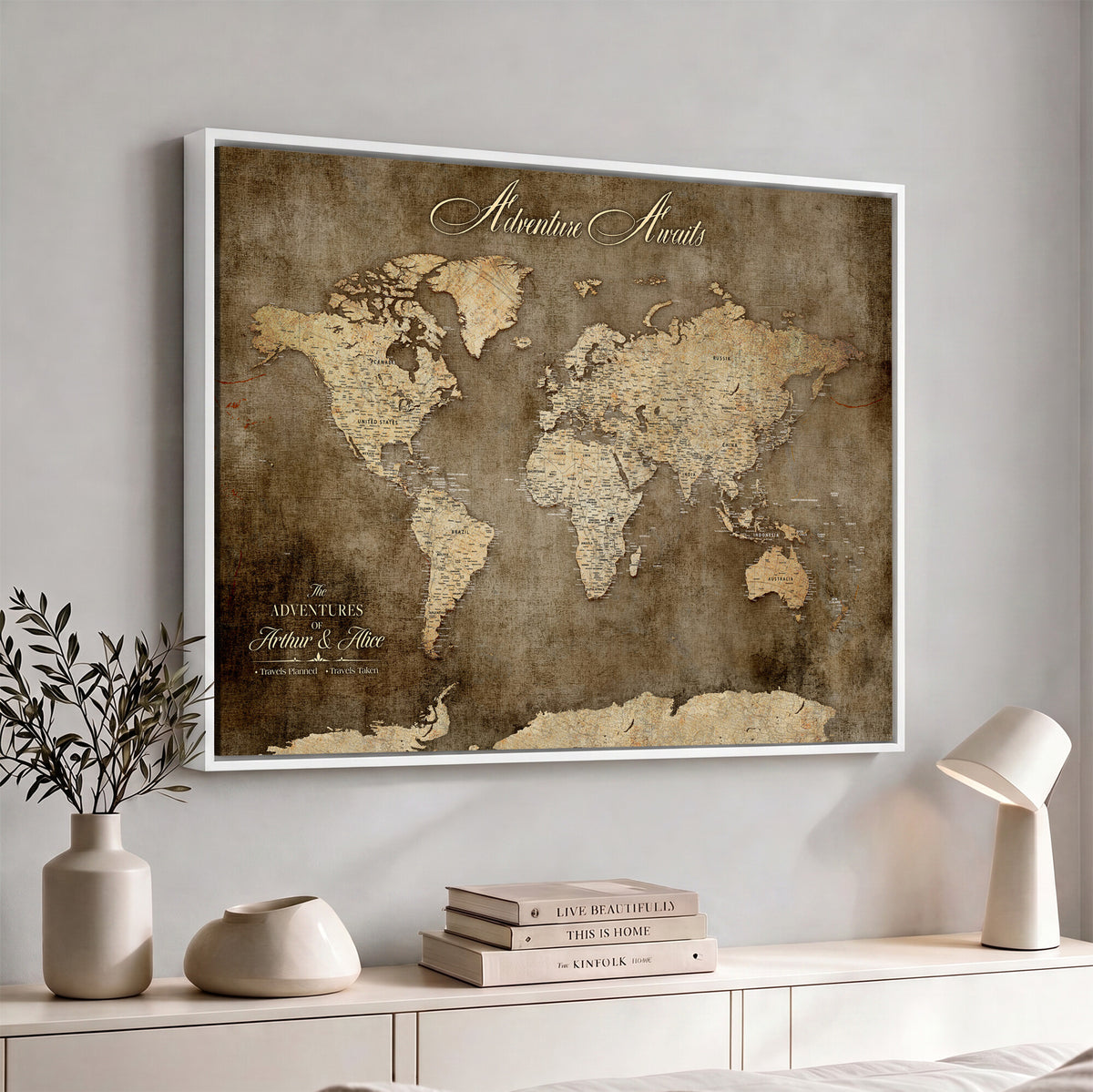 61836190-MGV-CV-36X24 - Custom Push Pin World Map Wall Art Canvas Print | Personalized Travel Tracker with Pins Framed Large for Home and Office Decor
