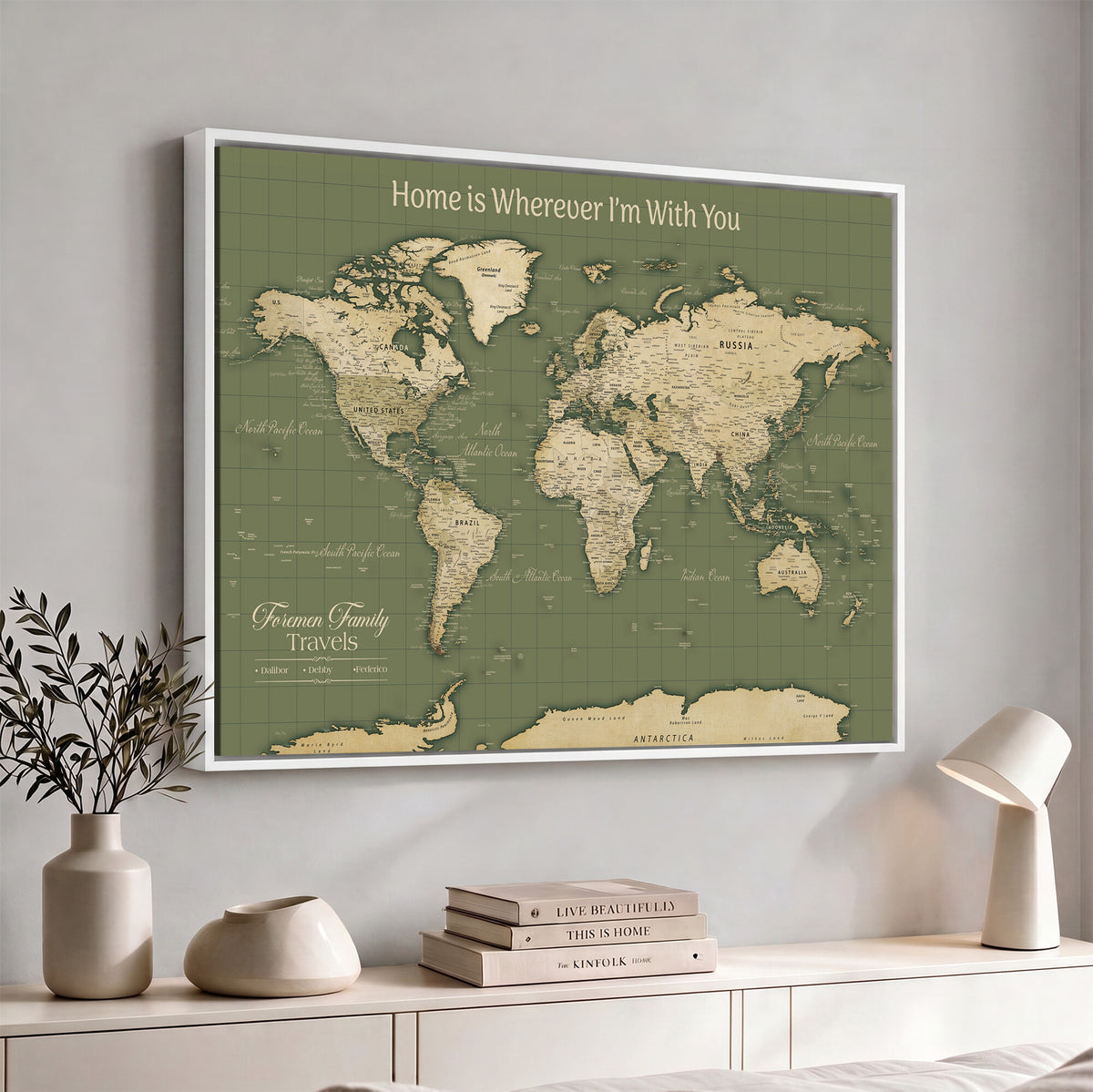 88521244-MGV-CV-36X24 - Custom Push Pin World Map Wall Art Canvas Print | Personalized Travel Tracker with Pins Framed Large for Home and Office Decor