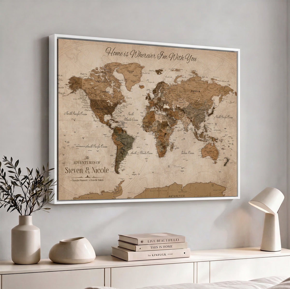 67360040-MGV-CV-36X24 - Personalized Framed Navy Geometric World Map Canvas with Push Pins, Couples Countries Visited Map, Living Room and Hallway Decor
