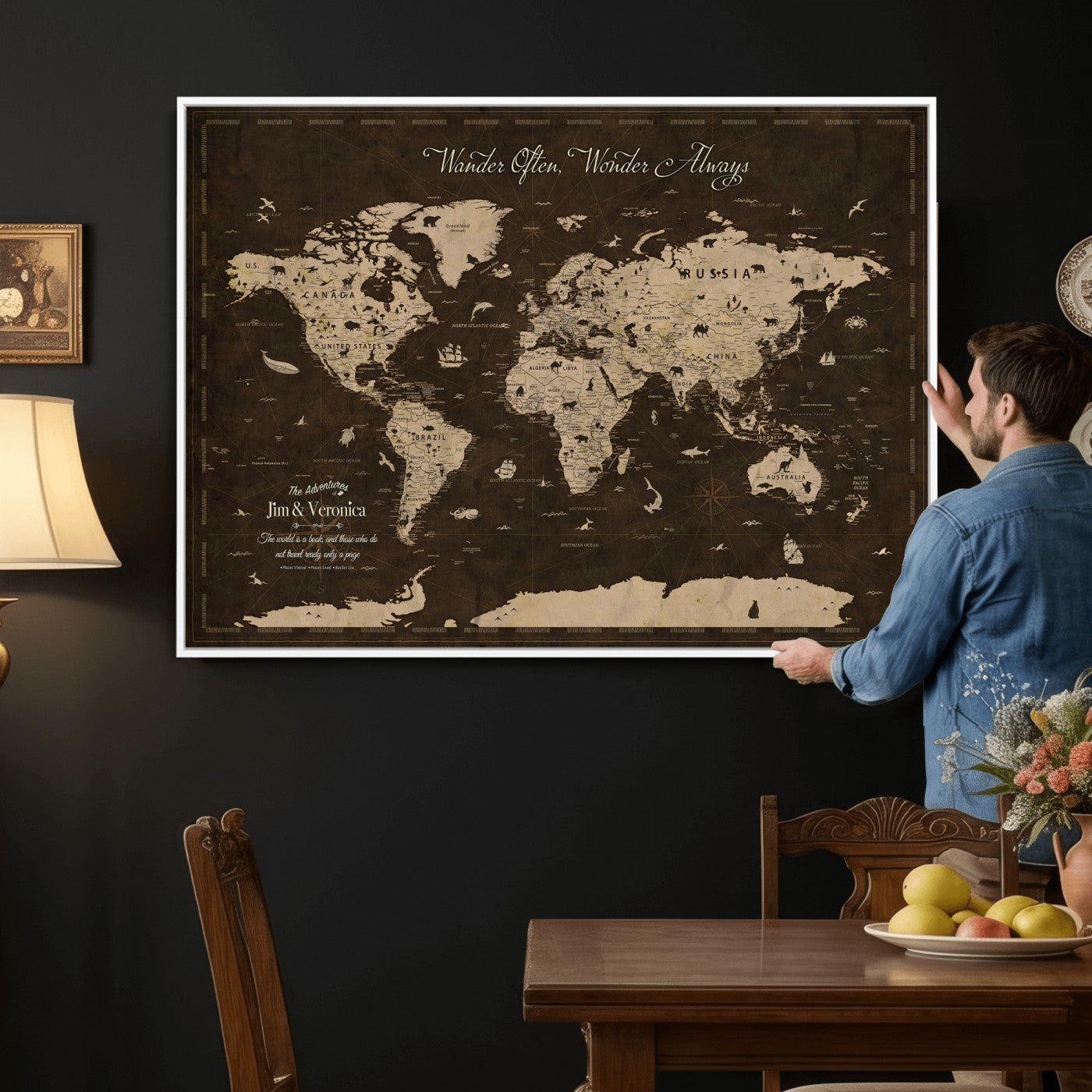 20091587-MGV-CV-36X24 - Custom Push Pin World Map Wall Art Canvas Print – Personalized Travel Tracker with Pins Framed Large for Home and Office Decor