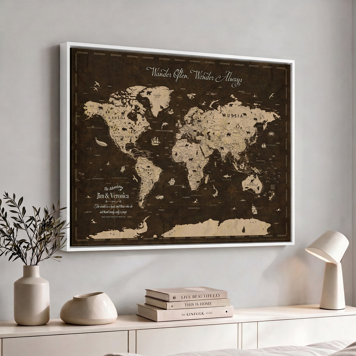 20091587-MGV-CV-36X24 - Personalized Framed Navy Modern Push Pin Travel Map Canvas Print, Places Visited Tracker, Living Room and Home Office Decor