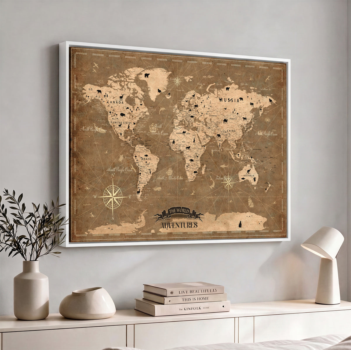 16235283-MGV-CV-36X24 - Custom World Travel Map Wall Art with Pins, Family Travel Tracker, Living Room and Bedroom Decor