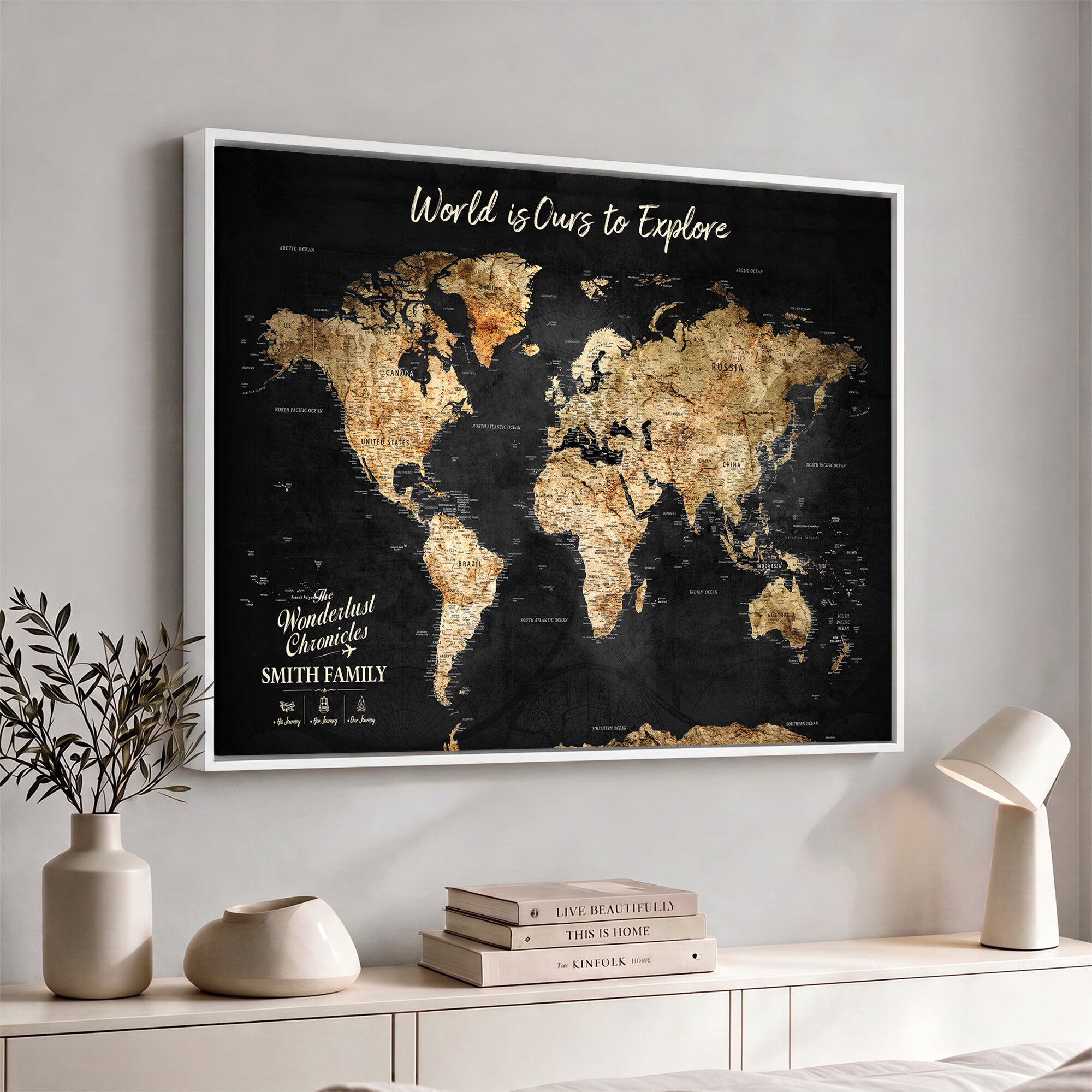 73732636-MGV-CV-36X24 - Custom Push Pin World Map Wall Art Canvas Print – Personalized Travel Tracker with Pins Framed Large for Home and Office Decor