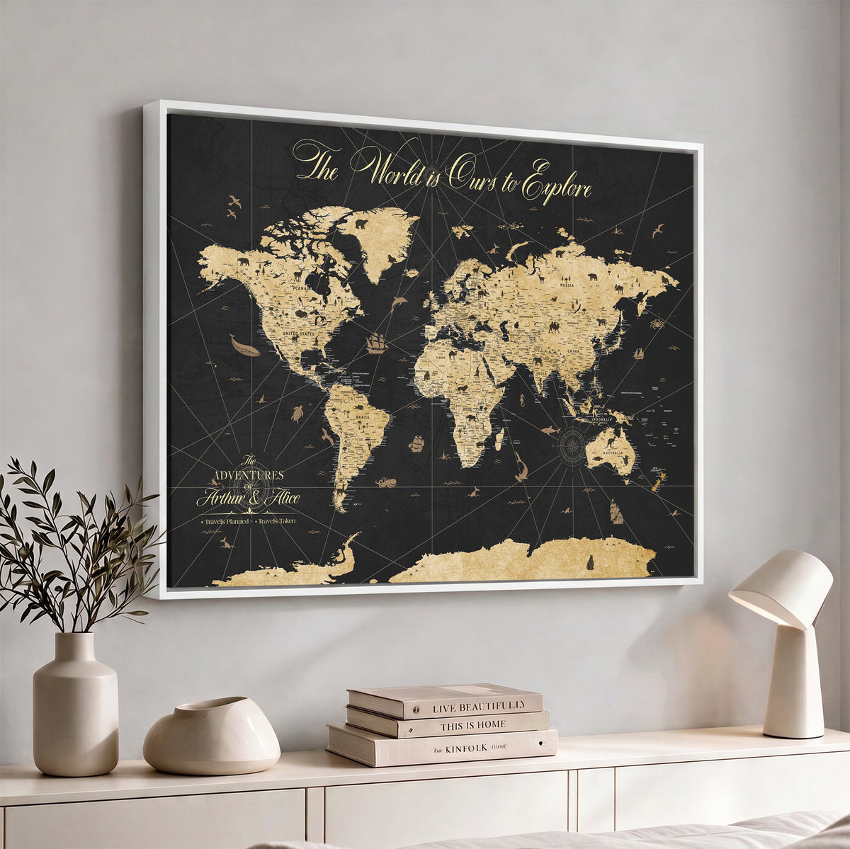 54097664-MGV-CV-36X24 - Custom Push Pin World Map Canvas Print, Couples Countries Visited Map, Living Room and Home Office Decor