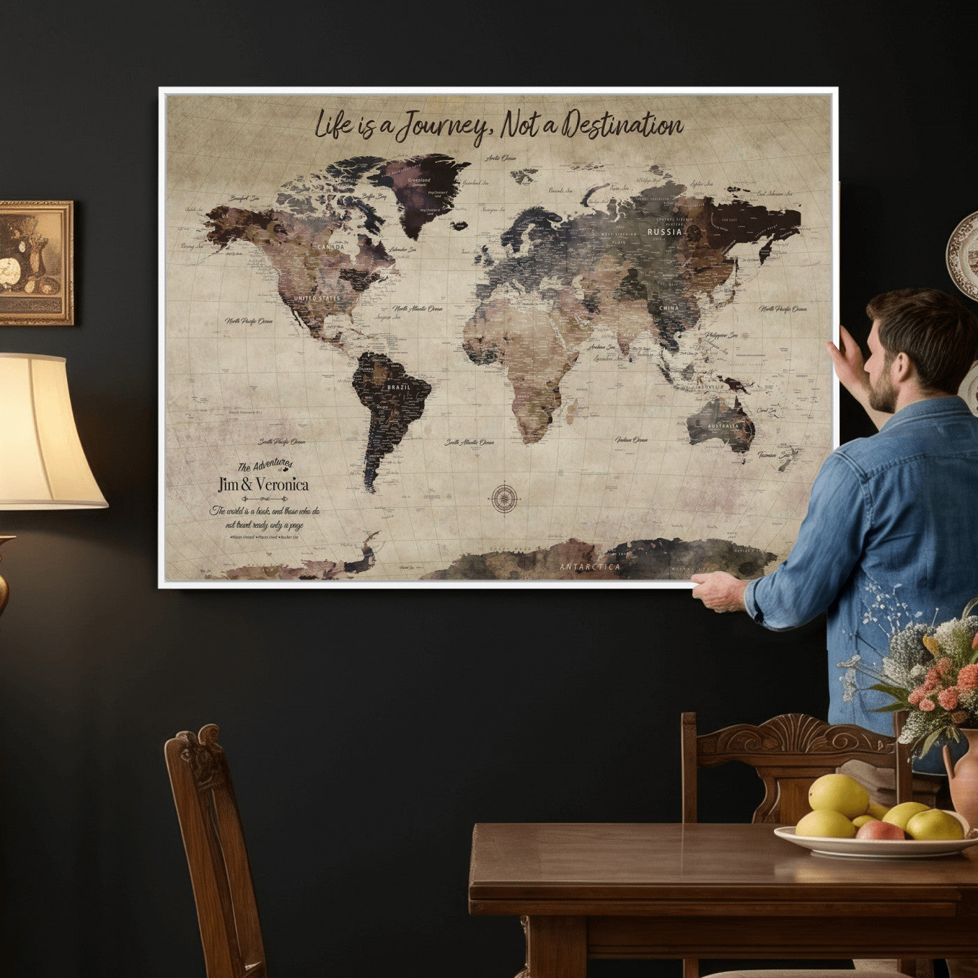 58257942-MGV-CV-36X24 - Custom Push Pin World Map Wall Art Canvas Print – Personalized Travel Tracker with Pins Framed Large for Home and Office Decor