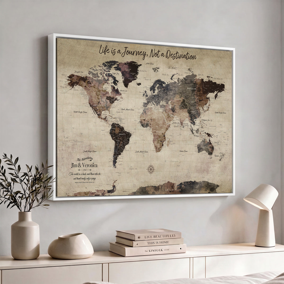 58257942-MGV-CV-36X24 - Custom Push Pin World Map Wall Art Canvas Print | Personalized Travel Tracker with Pins Framed Large for Home and Office Decor