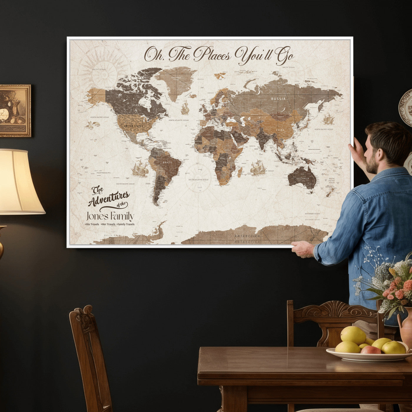 99085321-MGV-CV-36X24 - Custom Push Pin World Map Wall Art Canvas Print – Personalized Travel Tracker with Pins Framed Large for Home and Office Decor