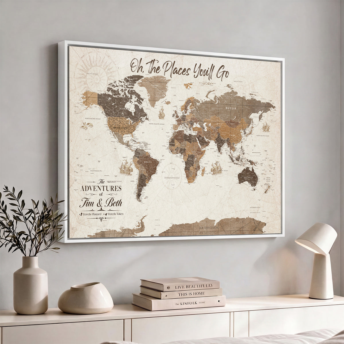 NEWMAP-8-MGV-CV-36X24 - Custom Beige World Travel Map Wall Art with Pins, Couples Countries Visited Map, Living Room and Study Decor