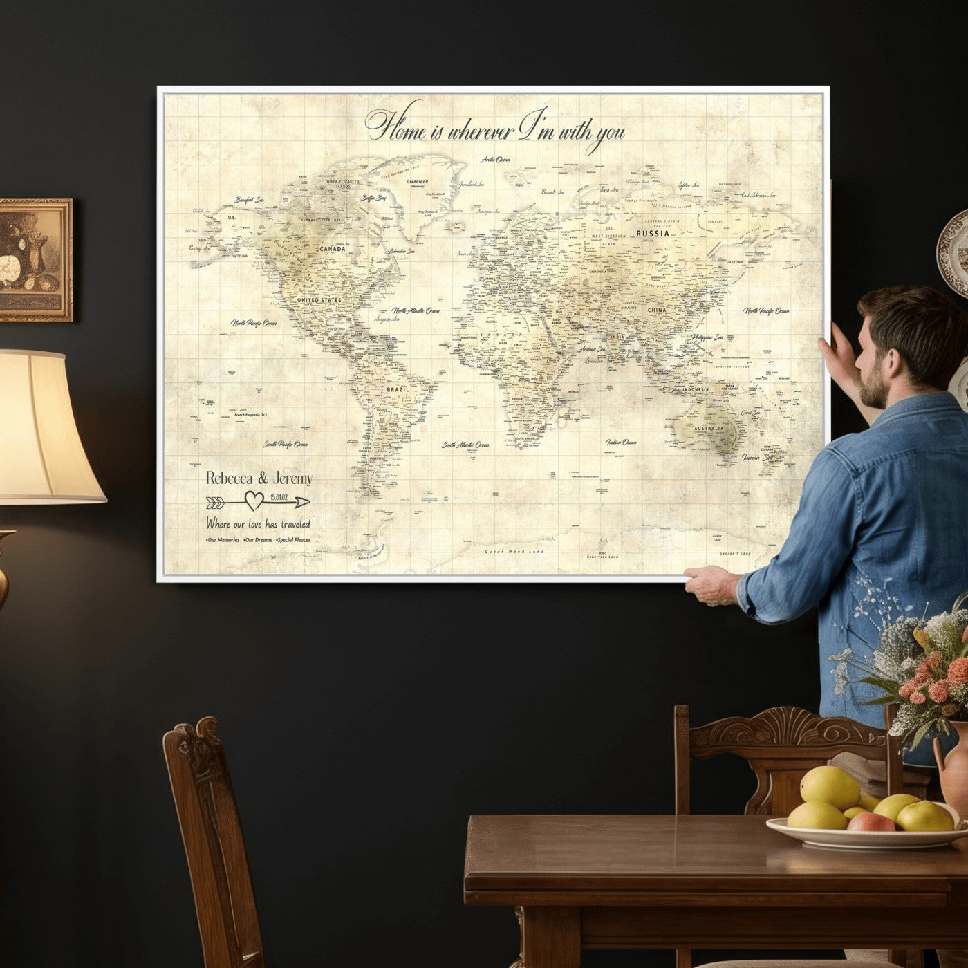 30705590-MGV-CV-36X24 - Custom Push Pin World Map Wall Art Canvas Print – Personalized Travel Tracker with Pins Framed Large for Home and Office Decor
