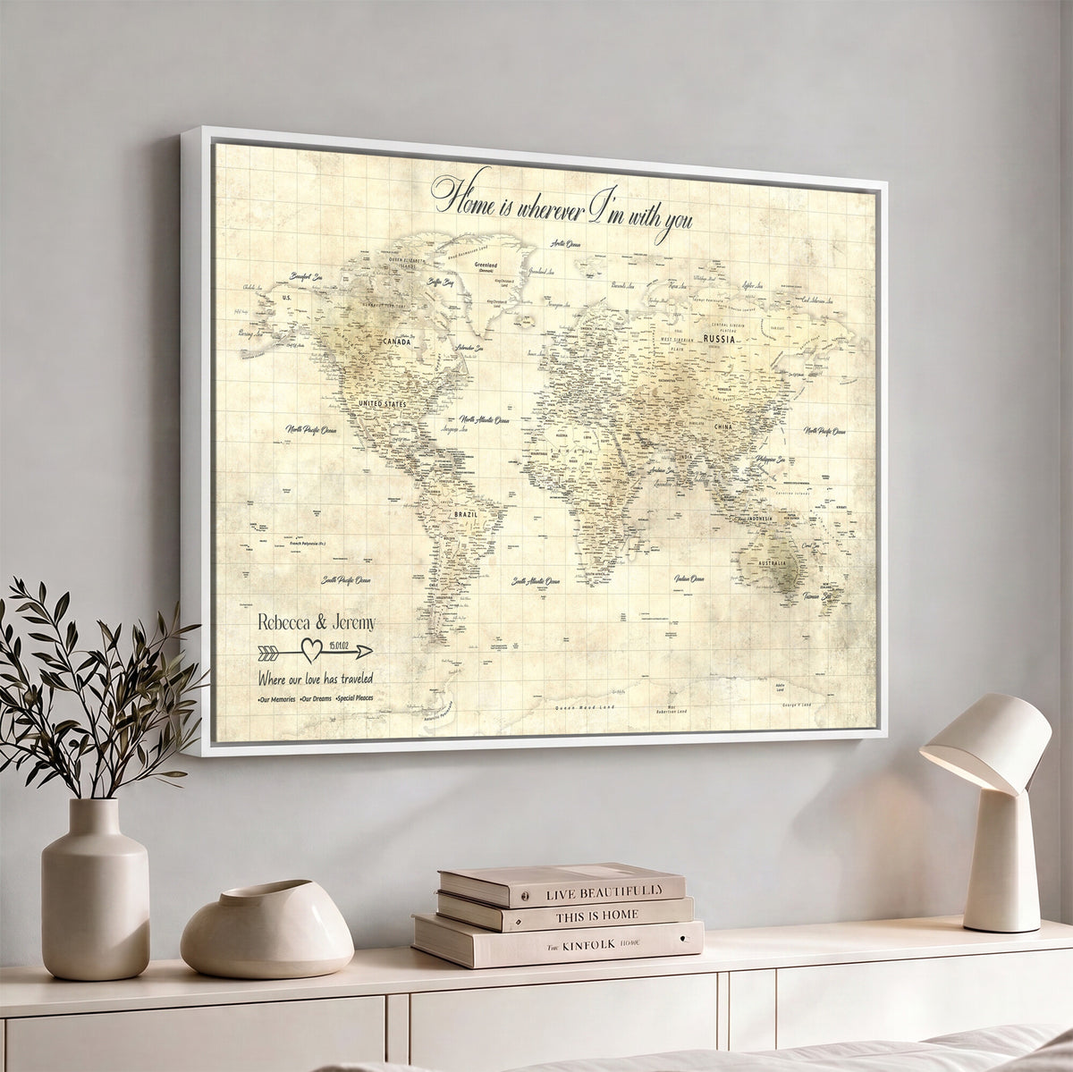 30705590-MGV-CV-36X24 - Custom Push Pin World Map Wall Art Canvas Print | Personalized Travel Tracker with Pins Framed Large for Home and Office Decor