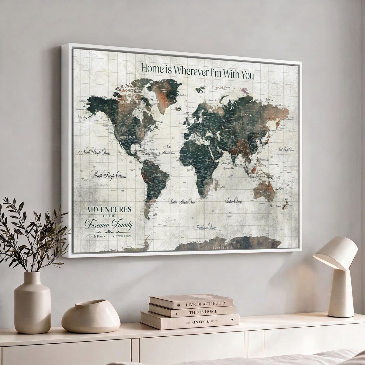 98050124-MGV-CV-36X24 - Personalized Beige Modern Push Pin Travel Map Canvas Print, Couples Countries Visited Map, Dining Room and Bedroom Decor
