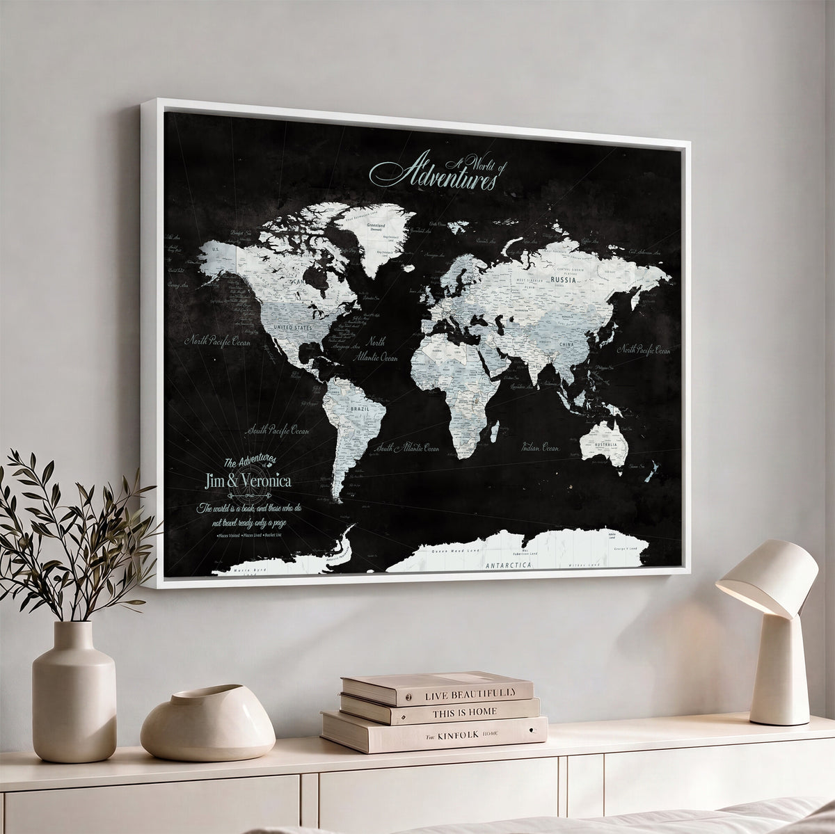 67491071-MGV-CV-36X24 - Custom Beige World Travel Map Wall Art with Pins, Places Visited Tracker, Bedroom and Home Office Decor