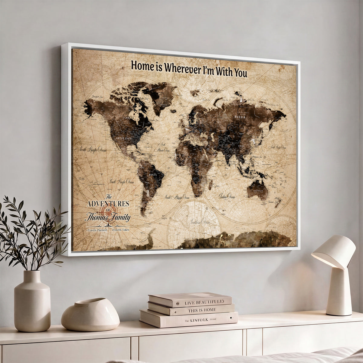 74771891-MGV-CV-36X24 - Personalized Framed Beige Modern World Travel Map Wall Art with Pins, Family Adventure Map, Living Room and Hallway Decor